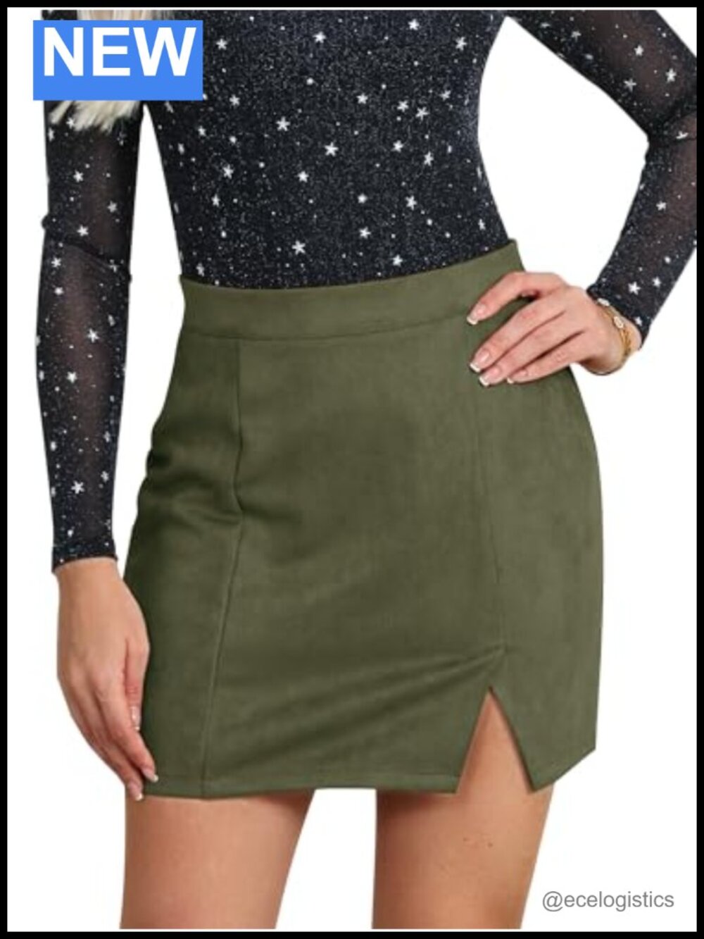 Women Faux Suede High Waisted Bodycon Mini Skirt with Side Slit